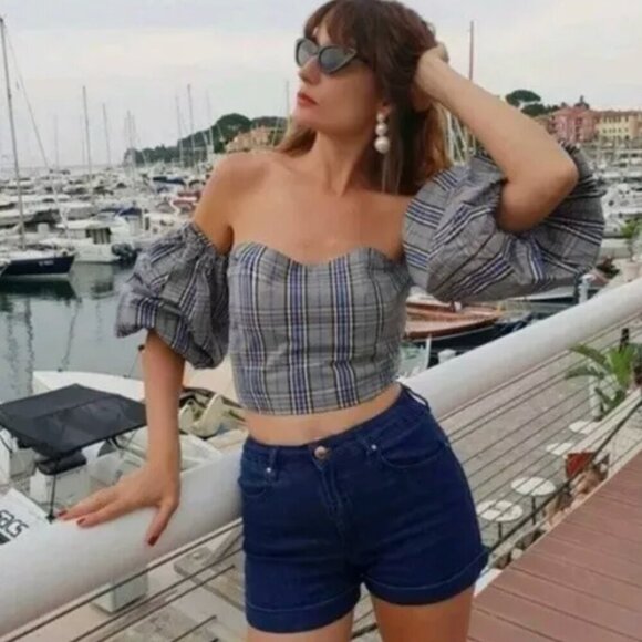 Zara Plaid Off-Shoulder Puff Sleeve Crop Top - Picture 2 of 8